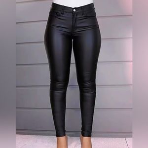 Plus Size Jeans, Solid PU Leather Button Fly High Rise High Stretch Skinny Jeans